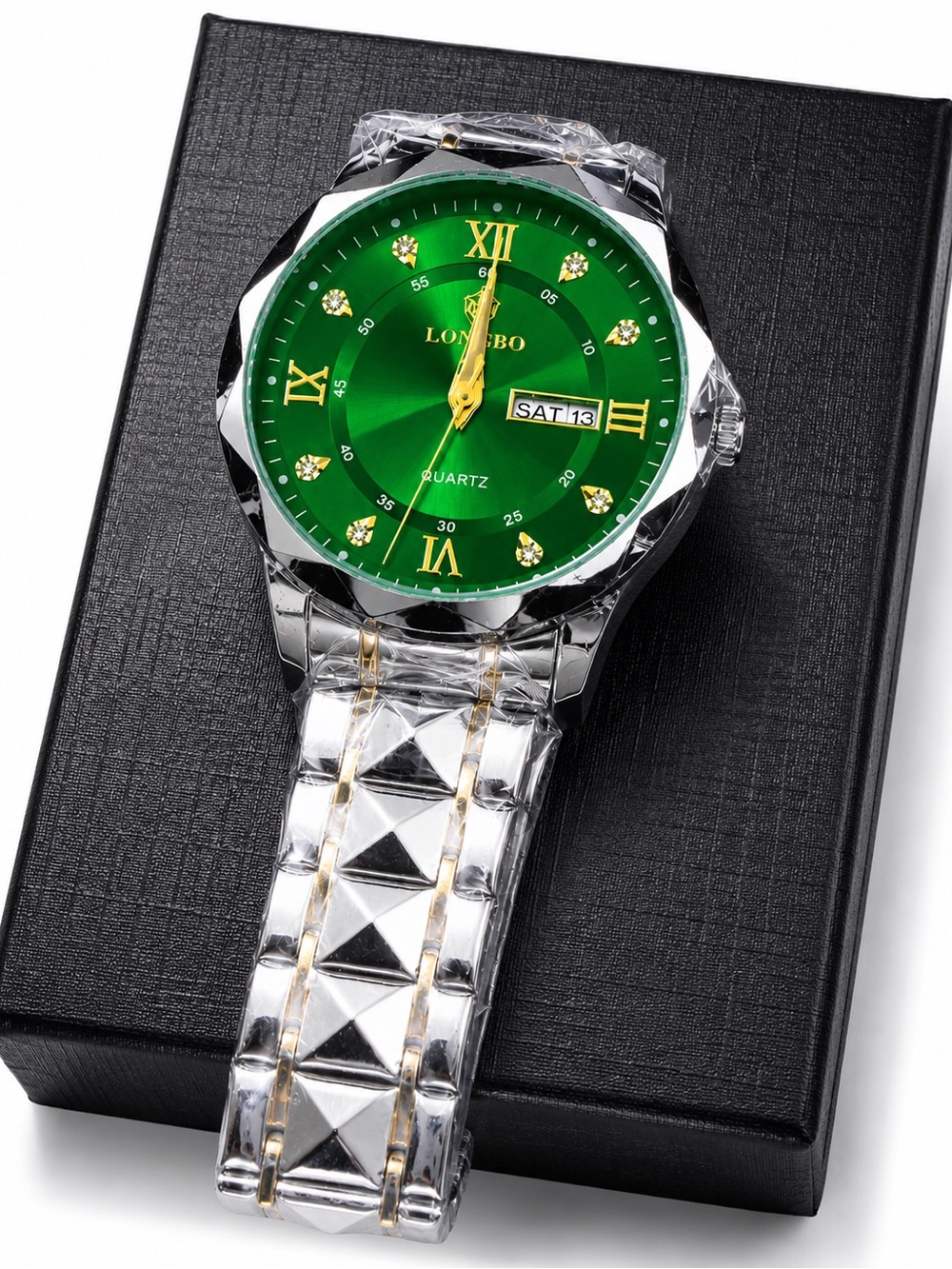 Men's Green Dial Silver-Tone Bracelet Watch with Gold Accents